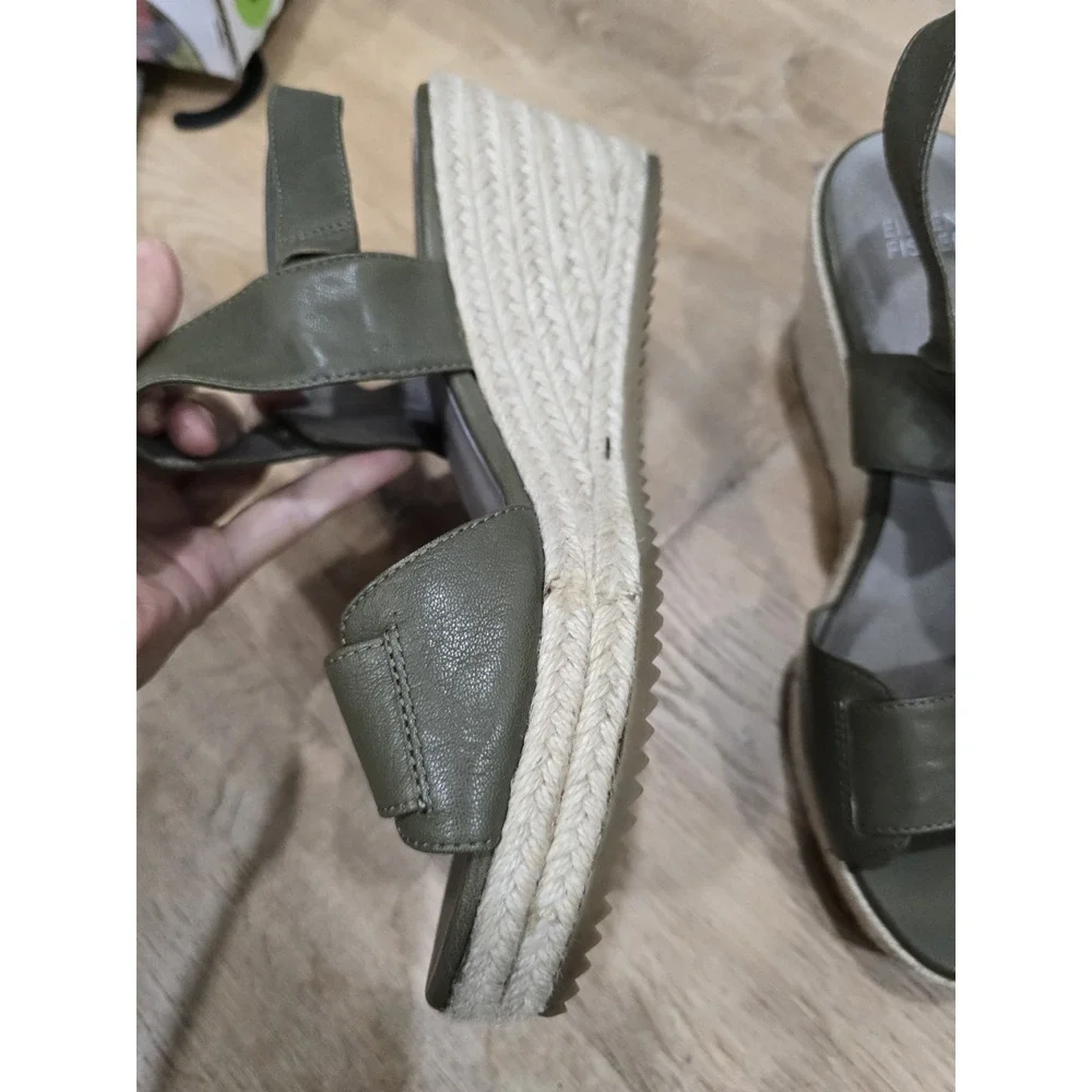 EILEEN FISHER Women's Size 8 Olive Green Leather‎ Espadrille Wedge Sandals